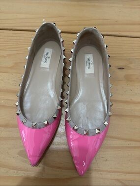 Valentino Pink Patent Leather Rockstud Pointed Flats